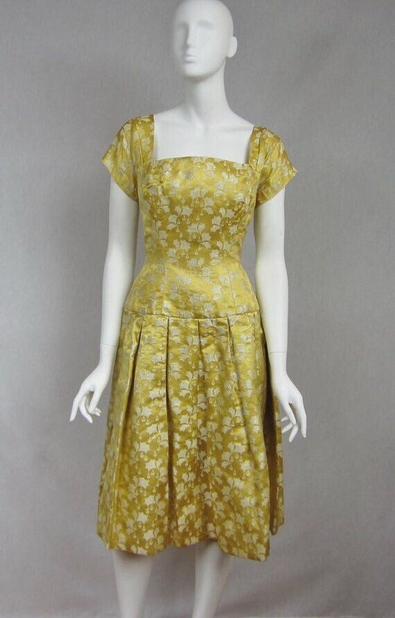 1960s Gold Lame Dress. Gold Vintage Dress. Drop Wa
