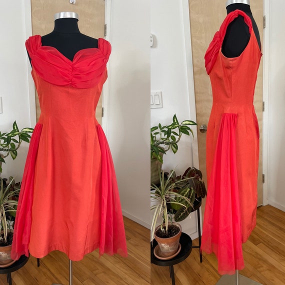 1950s Vintage Red Dress - Chiffon Draping - 1960s… - image 1