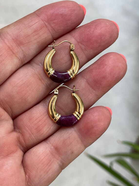 14K Gold Earrings  - Retro  80s  Hoops Purple View 2