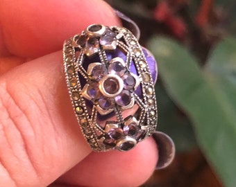 Sterling Silver Ring Amethyst Band  Floral marcasite Vintage Band