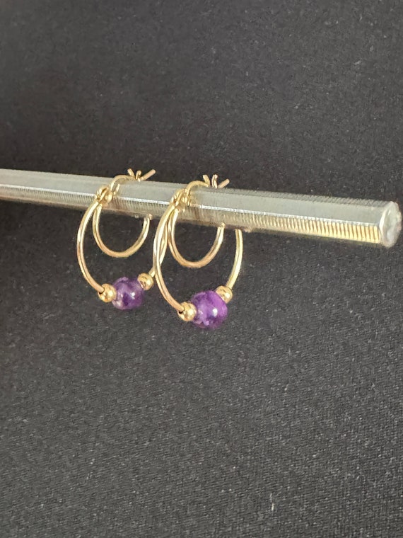 14K Gold Hoop Earrings - Retro -Amethyst & beads