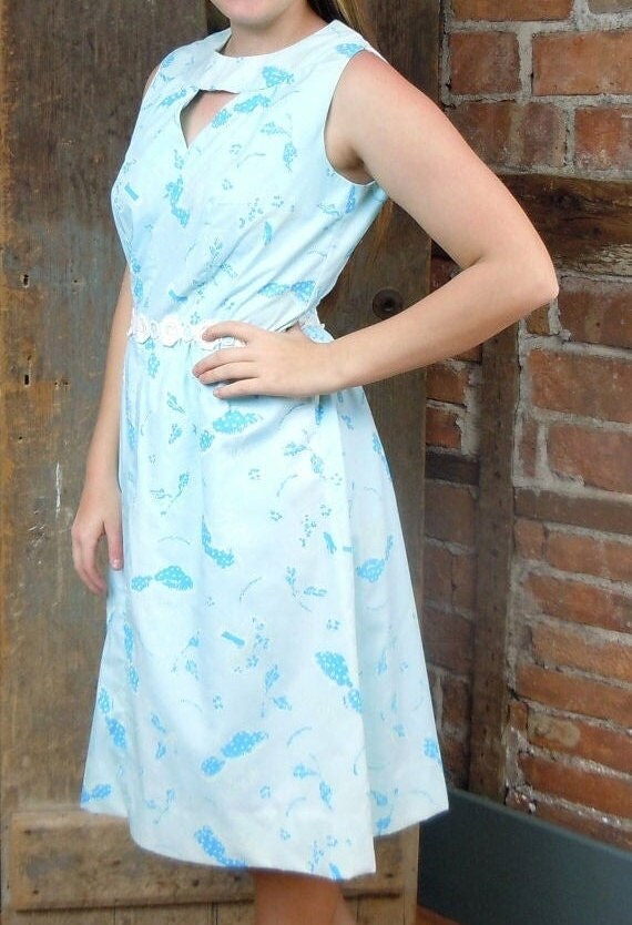 1960s Dress/ Blue Mushroom Print. Cotton Summer D