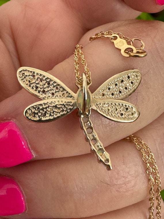 10k Diamond Opal Pendant Dragonfly Necklace Vinta… - image 8