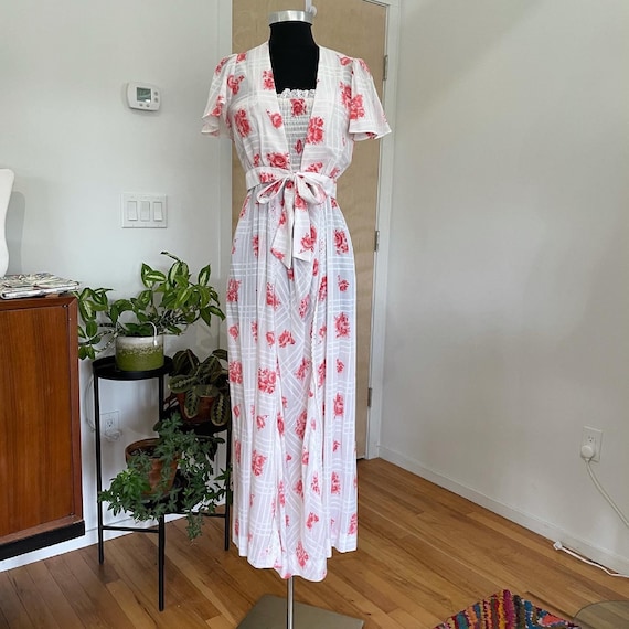 1960s 1970s Red White Floral Maxi Dress Shrug Jacket - Main Image