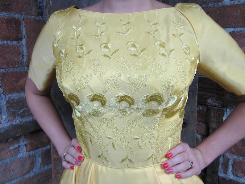 On Sale 1950s 60s Gold Yellow Dress Embroidered Gown Party Prom Dress Cocktail DressGlam 50s Dress 682