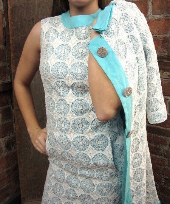 1960s lace Dress and Jacket, Crochet Lace Linen.  
