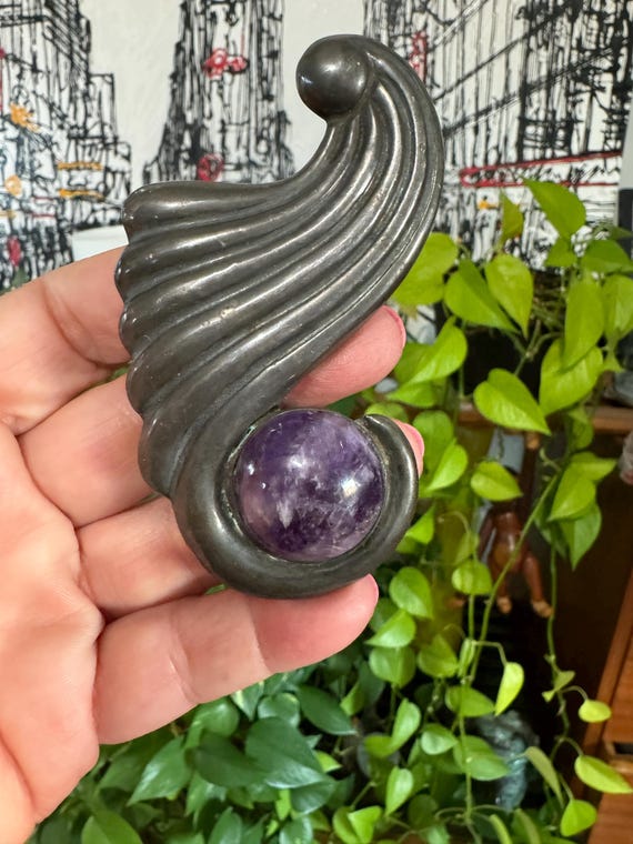 Sterling Silver Amethyst Cornucopia Brooch Pin TA… - image 3