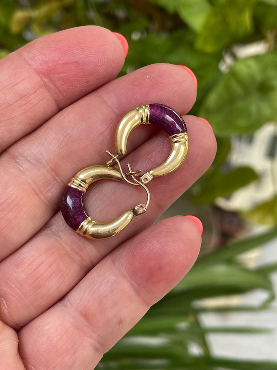 14K Gold Earrings  - Retro  80s  Hoops Purple View 3