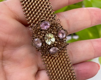 14K Gold Bracelet Amethyst, Peridot Victorian 1900s Estate Jewelry Antique