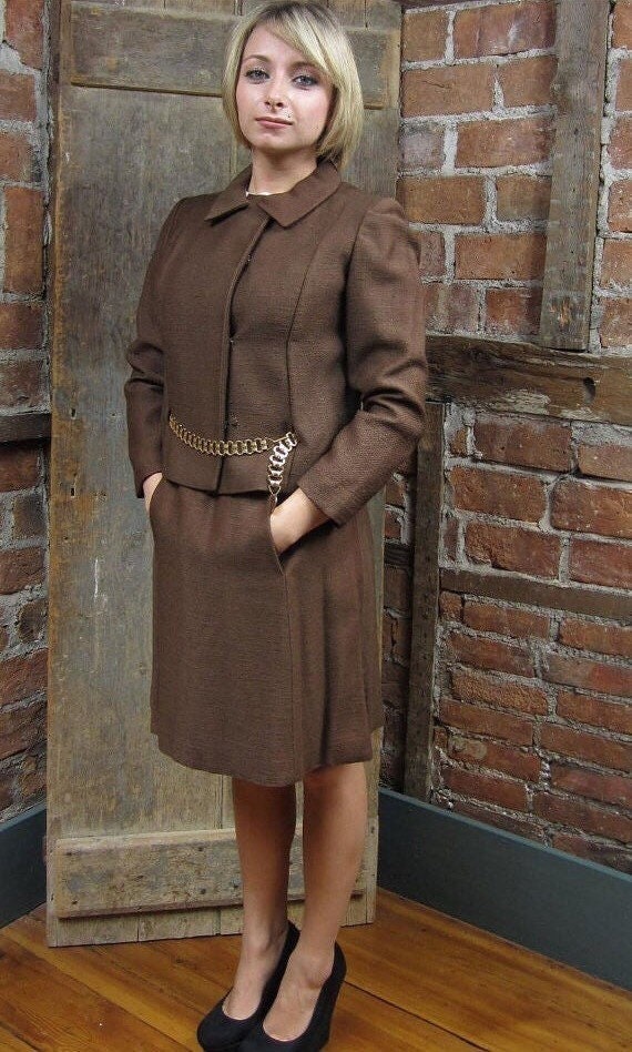 1960s  Dress & Jacket Suit Brown White  Mod Strip… - image 1