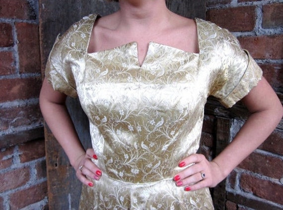 1940s-50s Gold Dress / Bird Floral Gown/ Gold Broc