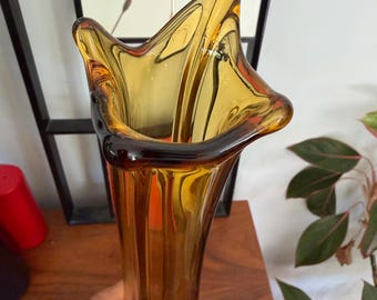 Swung Vase Amber Glass Vintage LE Smith  Four Finger Square 15" MCM