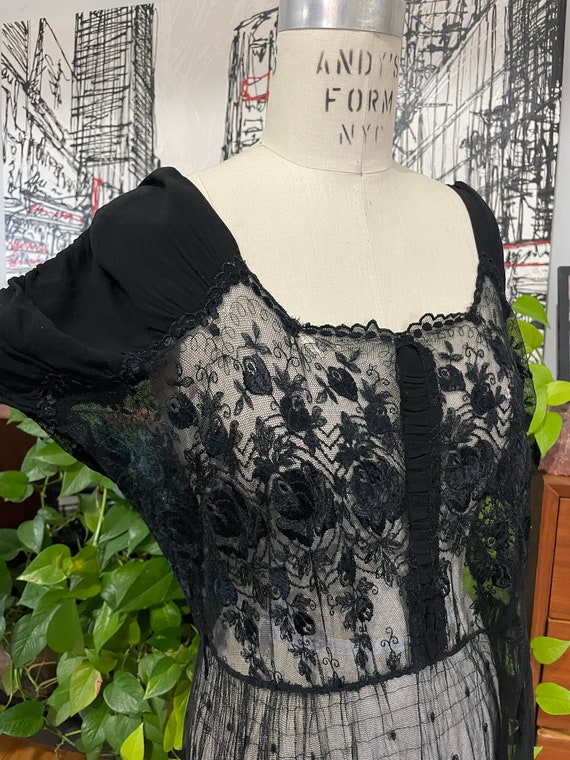 1930s Black Net Sheer Dress Floral 40s