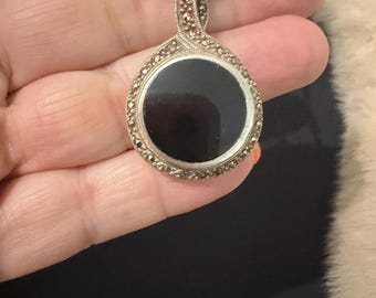 Sterling Silver Marcasite ONYX Pendant Necklace Statement Double sided