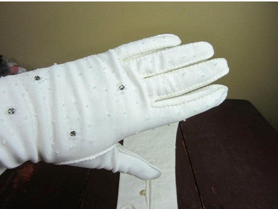Wedding  Opera Gloves Rhinestone- Button - Vintag… - image 1