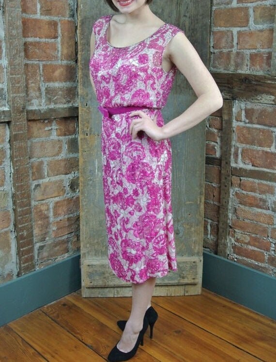 1960s Beaded Dress. Malcom Starr Dress. Pink fuchs