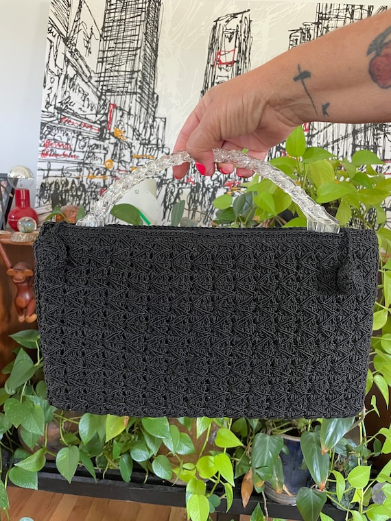 1930s cord EVENING purse BAG Black Crocheted Cord… - image 1