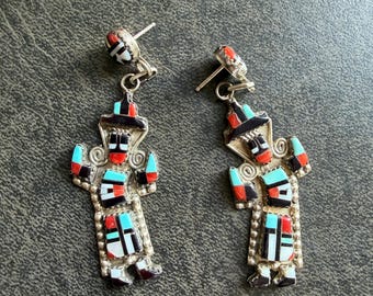 Sterling  Zuni Kachina Dancer Earrings Herbert Cellicion Turquoise coral Mother of Pearl inlay