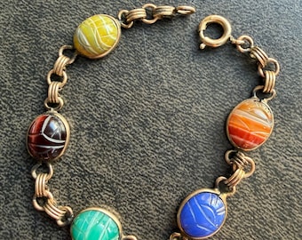 12k Gold Fill Scarab Bracelet, Carved Agate Egyptian Revival Vintage