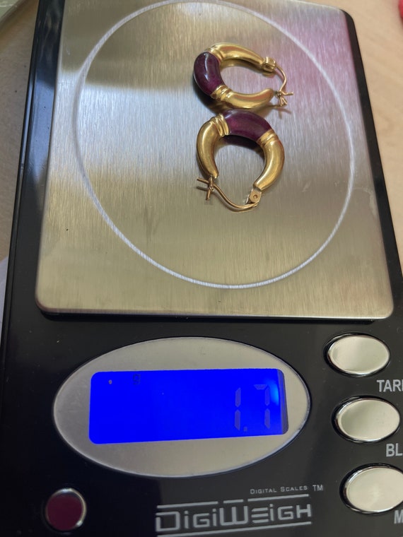14K Gold Earrings  - Retro  80s  Hoops Purple View 4