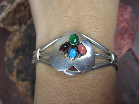 Sterling Silver Heart Bracelet / Stone Cuff Brace… - image 5