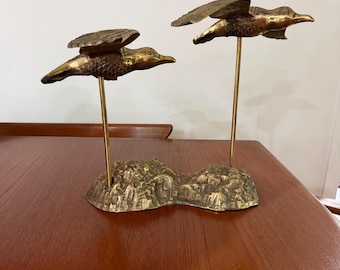 Vintage Jere-style brutalist Birds in Flight sculpture Mid Century Brass
