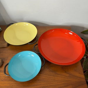 Skillets MCM Enamel Skillets Server Pan Double Handled Retro Cookware Yugoslavian Red Blue Yellow