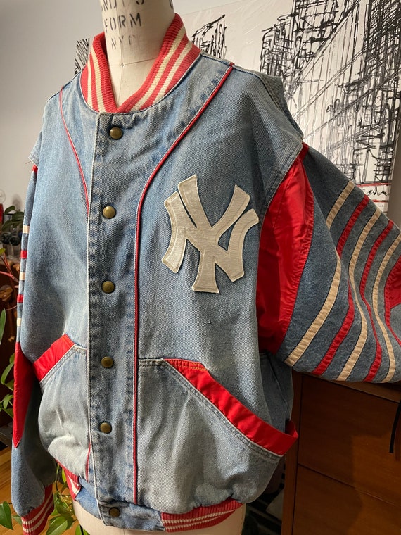 NY Yankees 1980s Jacket Denim - Dolman - Red Whit… - image 4