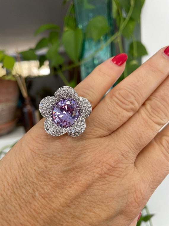 Sterling Silver Pave Ring CZ White & Purple Statem