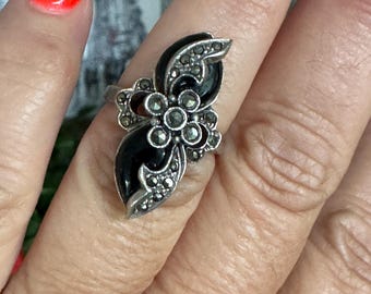 Sterling Silver Ring Marcasite Black ONYX Vintage
