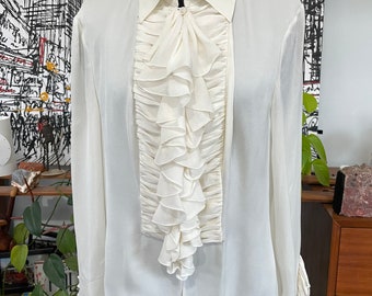 Silk Valentino Blouse Top Cream White Button Down  Ruffled S-M 1990s