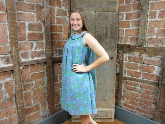 Vintage 1960s Mod Tent A Line Dress Blue Green Pai