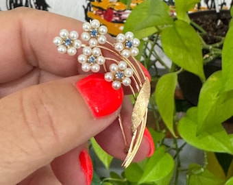 14k Gold Pin brooch Blue Topaz Pearl Floral Vintage 1960s