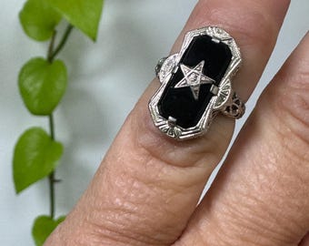 14K Eastern Star Masonic Art Deco Onyx White Gold Ring