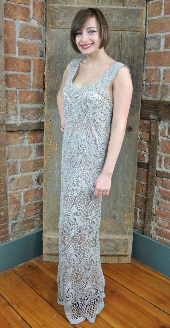 1920s-30s Crochet spider web Dress. Gray Silver La