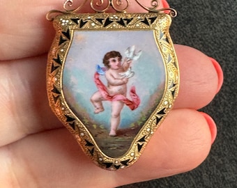 Antique 14K Gold Locket Portrait Enamel Cherub French, c. 1860