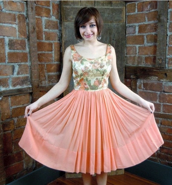 1950's 1960's Dress / Peach Chiffon Prom Dress / … - image 1