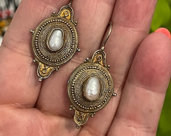 Sterling Victorian Revival Earrings w/ Gold Wash Pearl Center