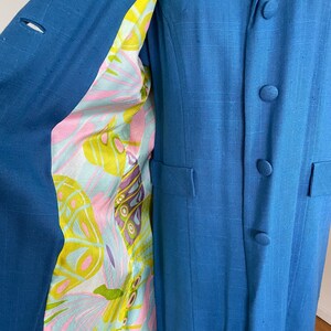 1960s Vintage Blue Flower Suit Dress Jacket Flower Power Coat Butterfly lining image 7