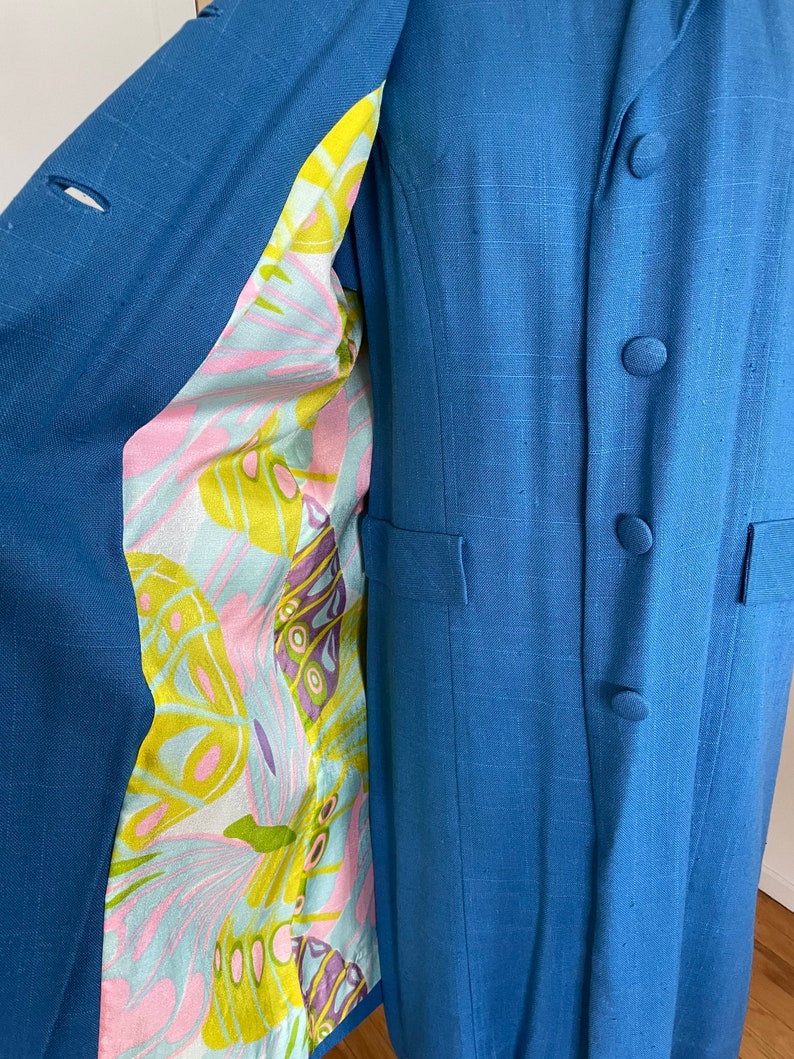 1960s Vintage Blue Flower Suit Dress Jacket Flower Power Coat Butterfly lining image 7