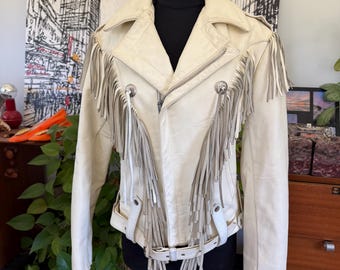 Vintage Biker Jacket Park V White Leather Fringe Motorcycle  36 1980s Moto Thashed