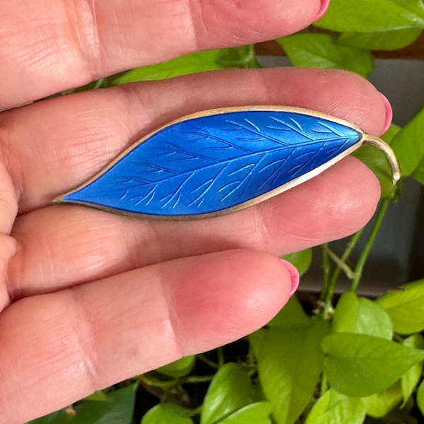 David Anderson Sterling BlUE Guilloche Enamel Leaf Brooch / Pin