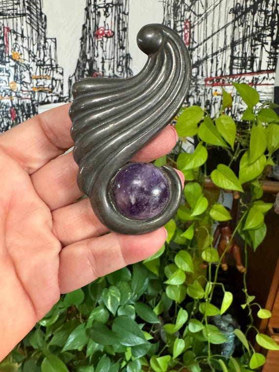 Sterling Silver Amethyst Cornucopia Brooch Pin TA… - image 2