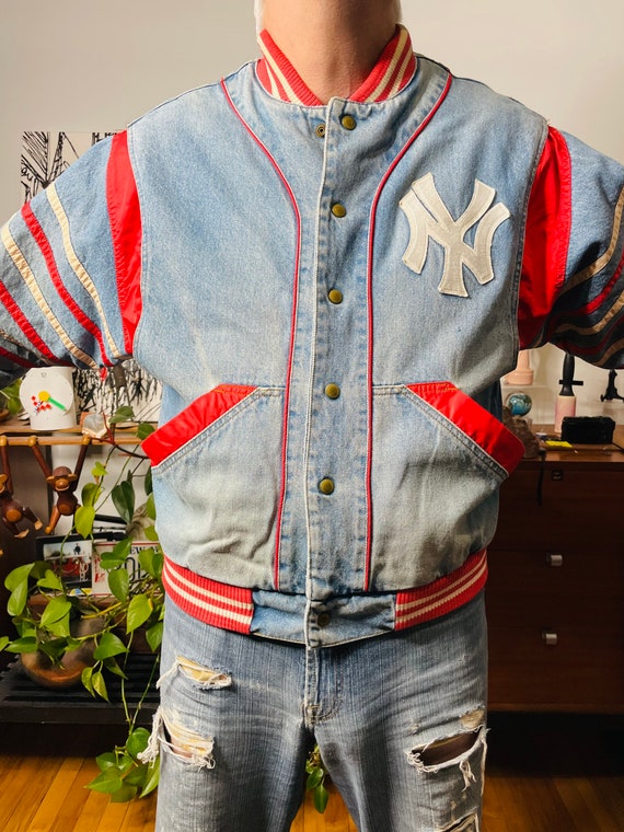 NY Yankees 1980s Jacket Denim - Dolman - Red Whit… - image 3