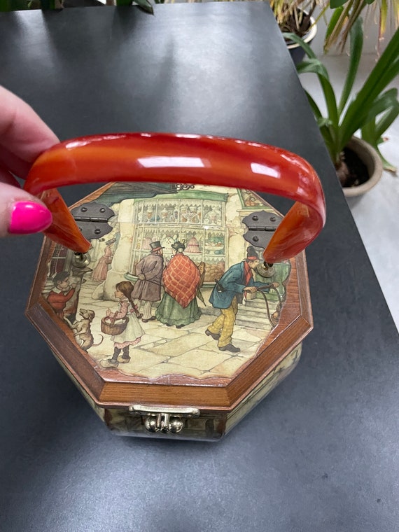 Anton Pieck Decoupage Bakelite Top Handle Purse Hand … Gem