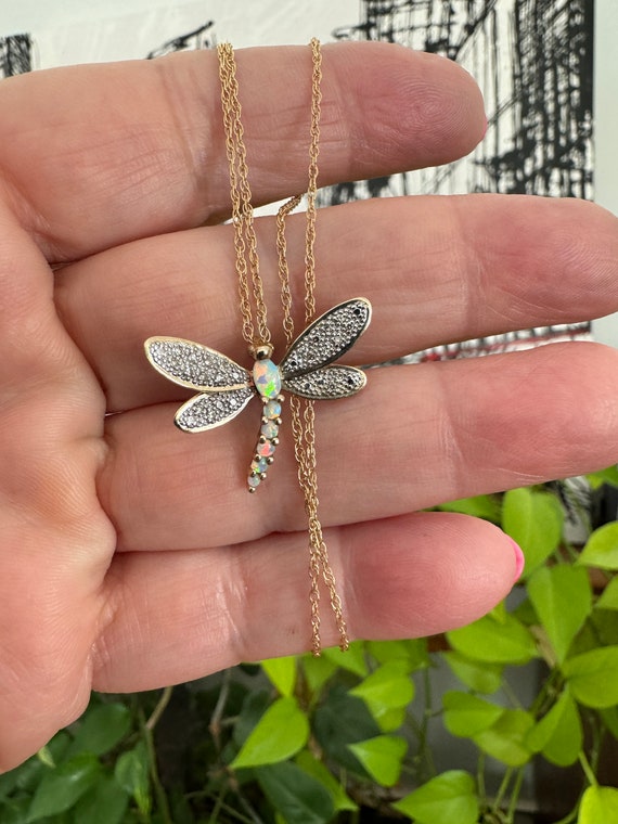 10k Diamond Opal Pendant Dragonfly Necklace Vinta… - image 6
