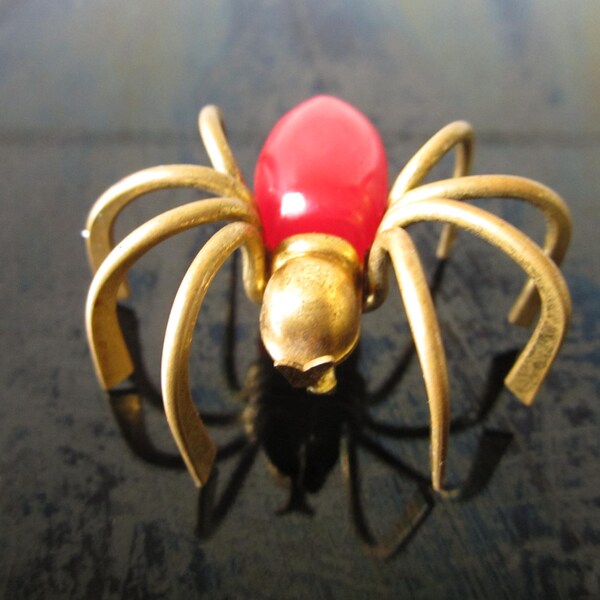 Vintage Bakelite Pin Red 3-D BRASS Spider Brooch/ Bakelite Pin/ Spider Pin/