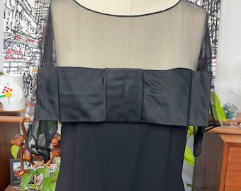 Black Dress - BOW Bodice-  Net Sleeve Taffeta LBD 1960s Vintage