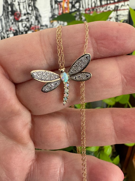 10k Diamond Opal Pendant Dragonfly Necklace Vinta… - image 3