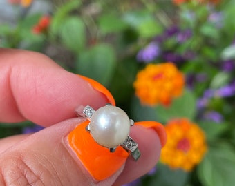 14K Gold Pearl Diamond Ring - Vintage White Gold Engagement Ring